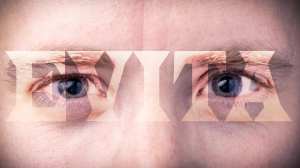 A close-up of a pair of eyes, with the word EVITA written across them.