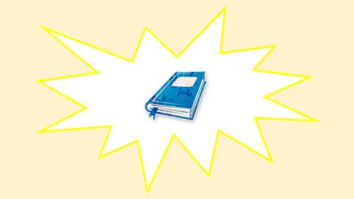 A blue and white icon showing a book, on a yellow background.